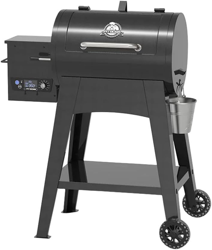 Pit Boss pellet grill with flame broiler searing steaks
