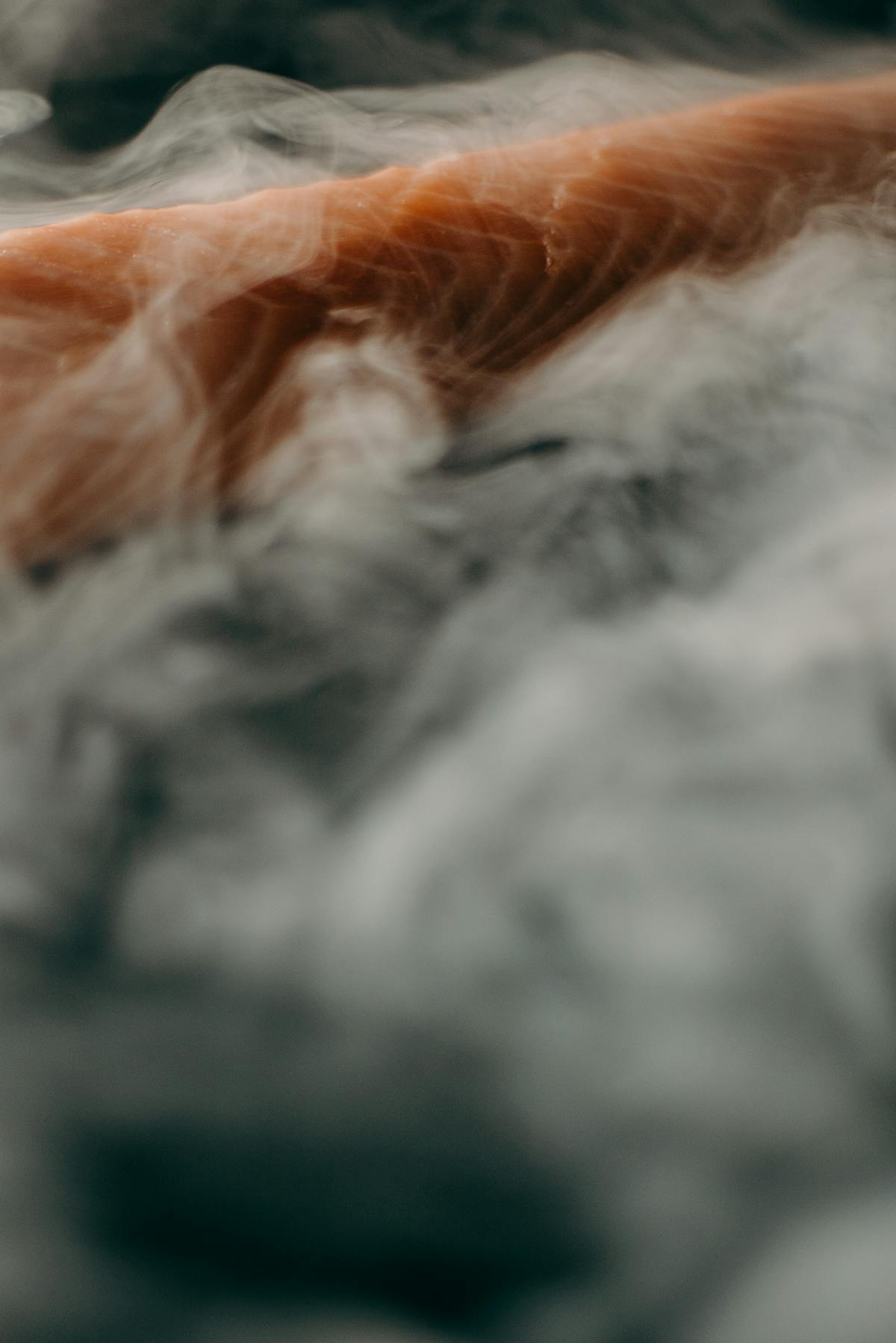Pink salmon fillet wreathed in billowing smoke